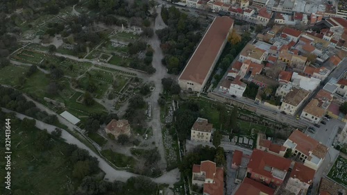 Aerial tilt up shot of the Monasteraki area in Athens and the ruins of the Agora. photo