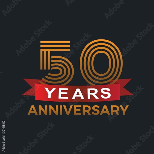 50 years anniversary logo with red ribbon and golden text