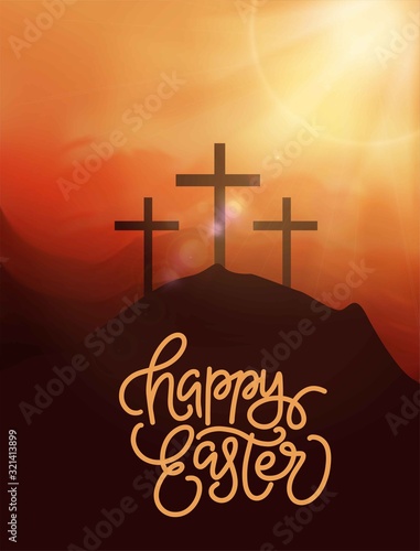 Calvary hill with silhouettes of the cross and lettering. Happy Easter illustration. Jesus Christ is risen.