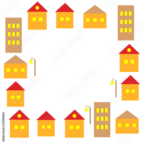 Vector illustration frame of yellow and light brown houses with red and light brown roofs