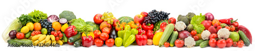 Wide photo multi-colored fresh fruits and vegetables isolated on white