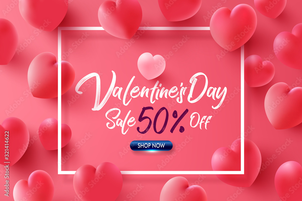 Valentine's Day Sale 50% off Poster or banner with many sweet hearts on red background.Promotion and shopping template or background for Love and Valentine's day concept