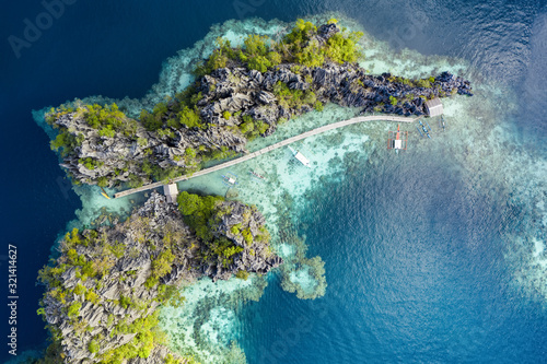 View from above, stunning aerial view of an island surrounded by a beautiful coral reef and bathed by a turquoise, crystal clear sea. Malwawey Coral Garden, Coron Island, Palawan, Philippines.