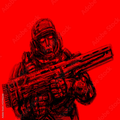 Soldier of the future. Front view. Red background. photo