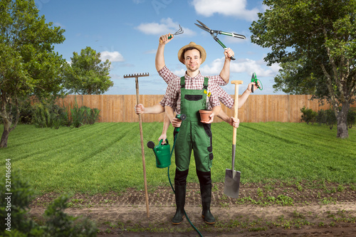 Foto Motivated gardener with multiple arms and tools