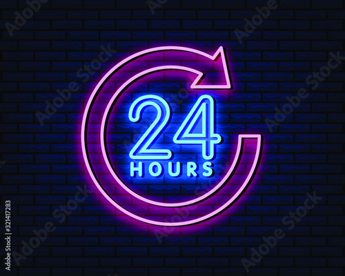 24 hours neon sign, vector illustration