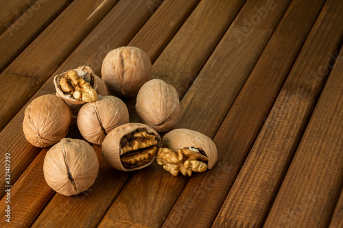 nut on wooden table