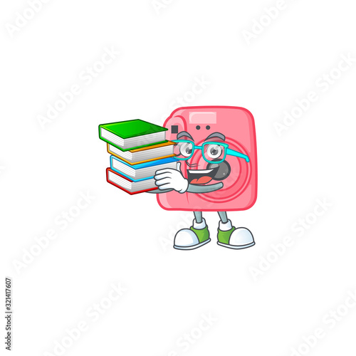 A brainy clever cartoon character of instan camera studying with some books