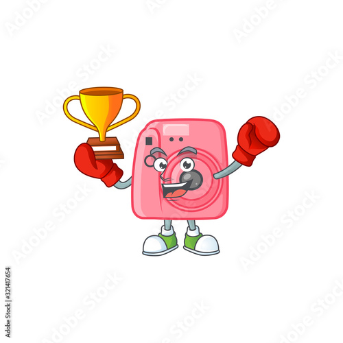Super cool Boxing winner of instan camera in mascot cartoon design