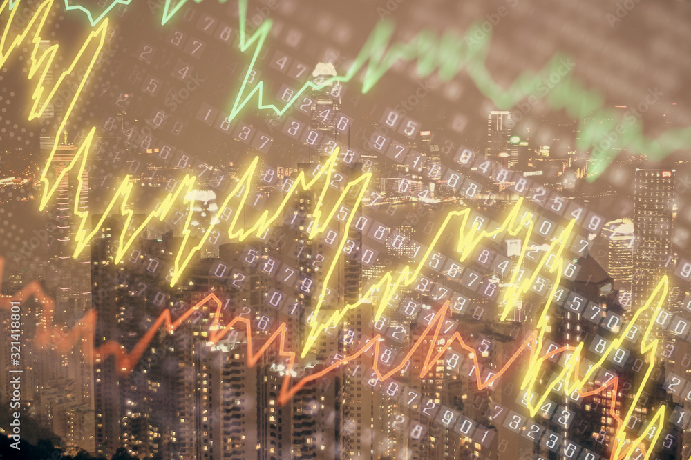 Naklejka premium Double exposure of forex chart drawings over cityscape background. Concept of success.