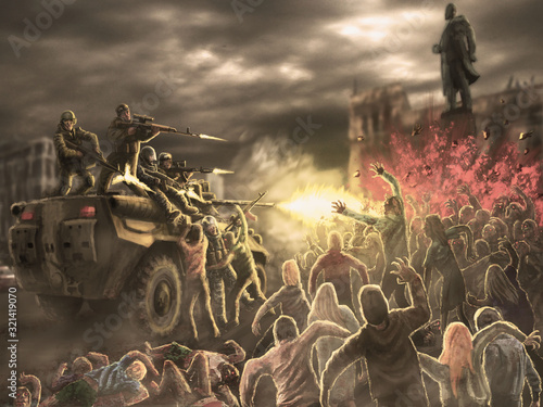 фотографія Angry zombie horde attack on an armored troop carrier