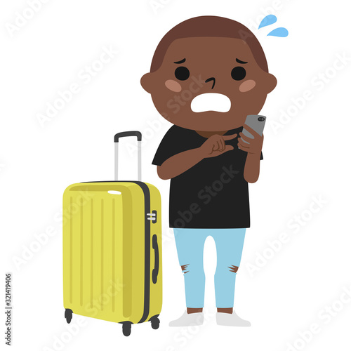 困ってる旅行者のイラスト。大きなスーツケースを持ってる旅行中の若い外国の男性。