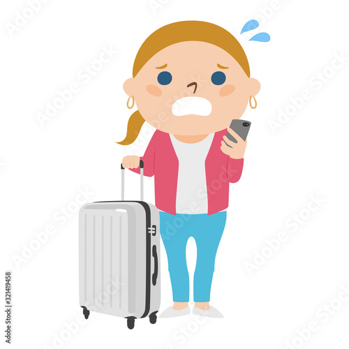 困ってる旅行者のイラスト。大きなスーツケースを持ってる旅行中の若い外国の女性。