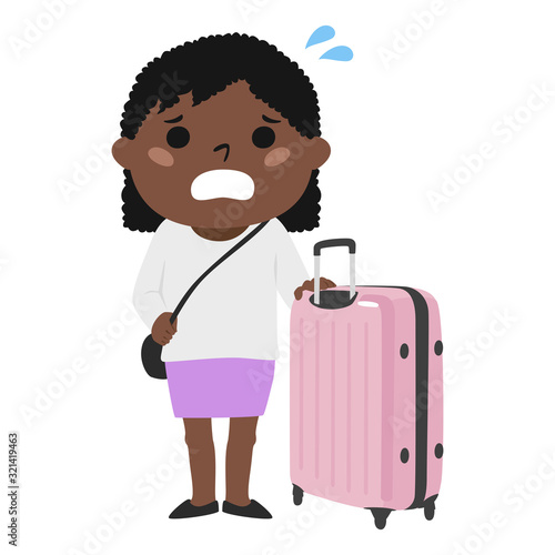 困ってる旅行者のイラスト。大きなスーツケースを持ってる旅行中の若い外国の女性。