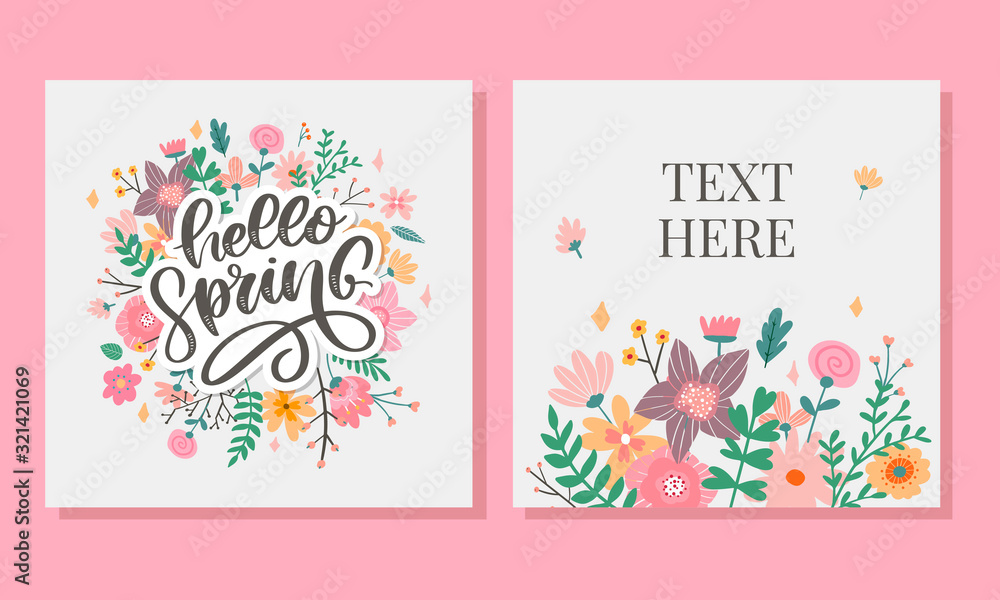 Hello Spring Flowers Text Background lettering slogan