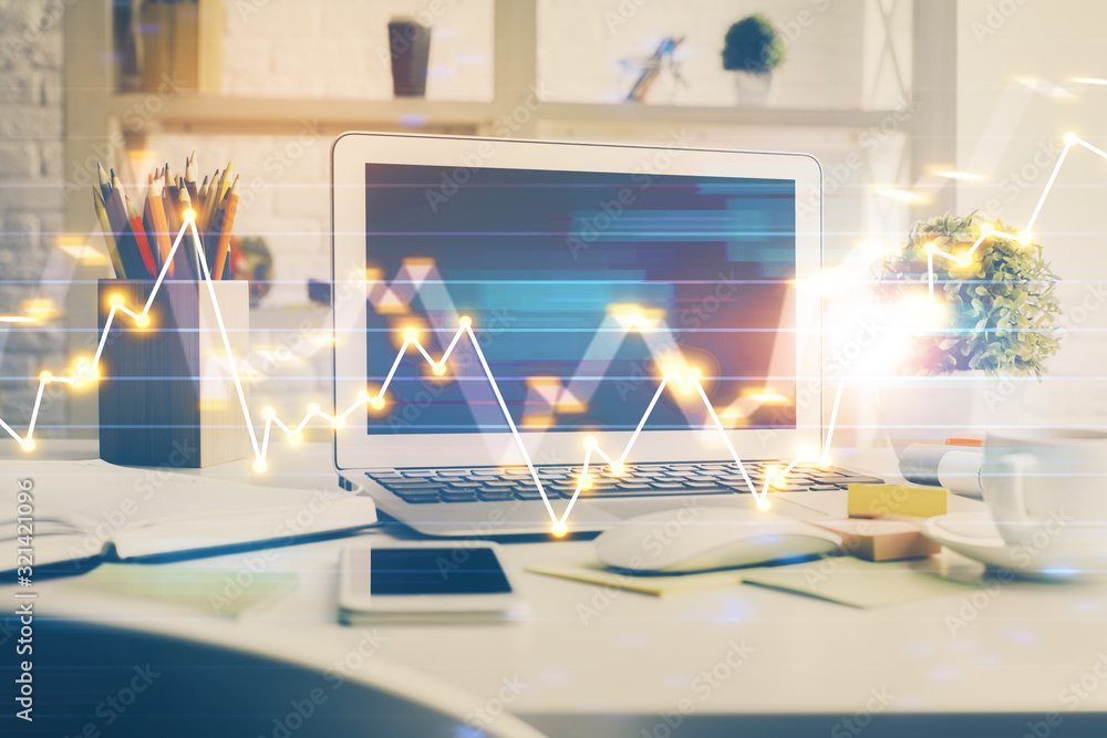 Naklejka premium Stock market graph and table with computer background. Double exposure. Concept of financial analysis.