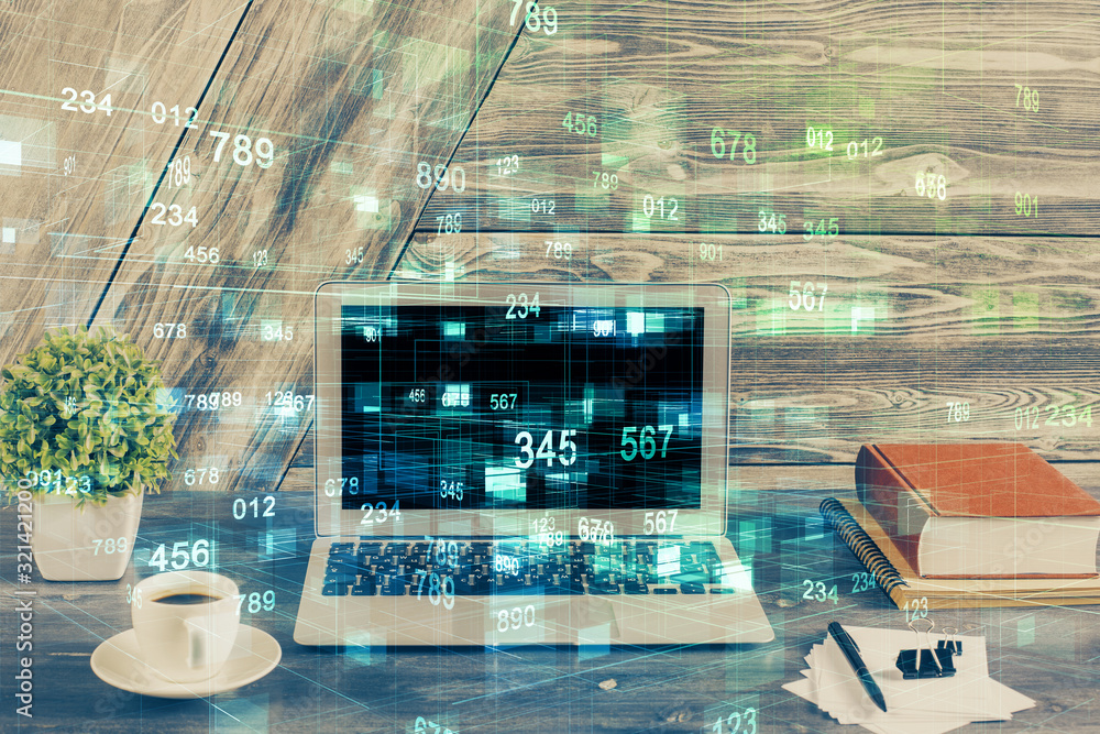 Double exposure of desktop computer and technology theme hologram. Concept of software development. Double exposure of desktop computer and technology theme hologram. Concept of software development.