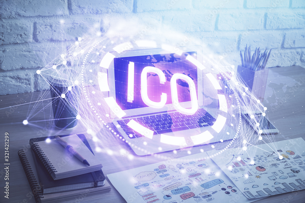 Double exposure of blockchain theme hologram and table with computer background. Concept of bitcoin crypto currency. Double exposure of blockchain theme hologram and table with computer background. Concept of bitcoin crypto currency.