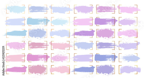 Paint brush strokes, abstract pastel color smudge blobs and watercolor splashes, vector backgrounds. Pink purple and violet blue light color blobs and smear strokes with grunge paintbrush texture