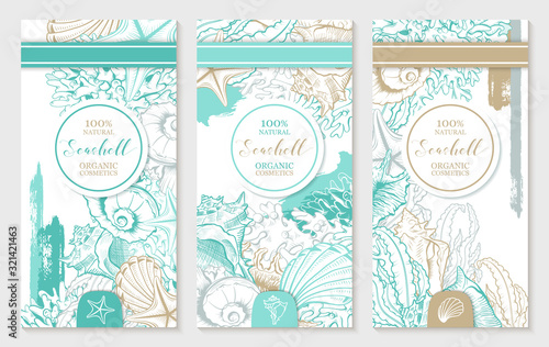 Vertical Design Template with Pastel Turquoise and Gold Seashells. Printable Cosmetic Vector Design with Sketch Hand-drawn Corals and Brush Stroles, Contour Navy Seashells Drawings. Marine Flyers