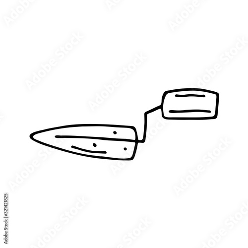 Putty knife repairing instrument cartoon cute hand drawn doodle vector illustration, element, sticker, icon. Black monochrome design. Isolated on white background. Easy to change color. 