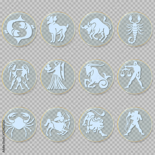 Zodiac signs, glass icon on a transparent background, isolated vector objects.