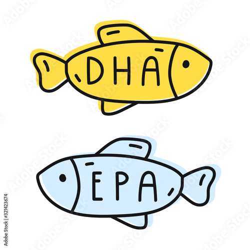 Nutrition concept. Fish icons with words - dha, epa. Vector hand drawn illustrations on white background.