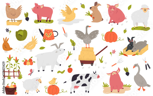 Big set of funny cute farm animals
