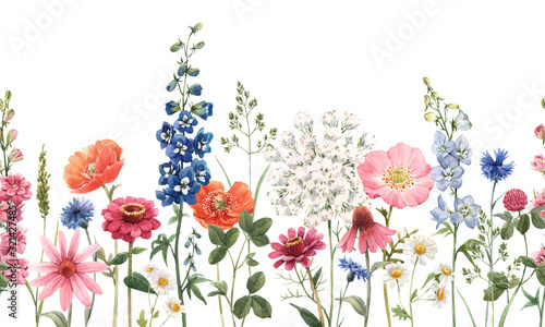 Obraz na płótnie Beautiful floral summer seamless pattern with watercolor hand drawn field wild flowers