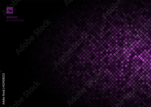 Purple mosaic pixel seamless pattern on fade out black background texture.