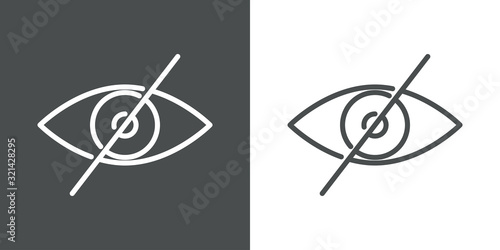 Símbolo oculto. Icono plano lineal ojo con barra en fondo gris y fondo blanco