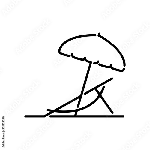 Concepto de vacaciones y viajes. Icono plano lineal silla de playa con sombrilla en color negro