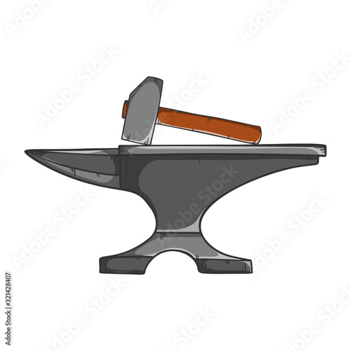 Steel anvil with hammer, forge workshop. Cartoon style vector.