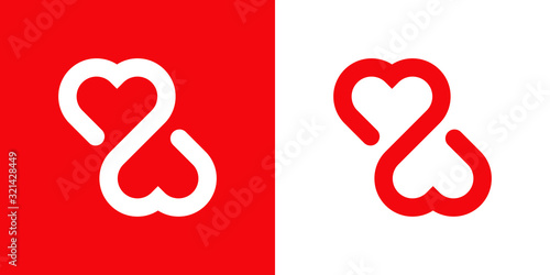 Símbolo de amor eterno. Icono lineal con corazones enlazados en fondo rojo y fondo blanco