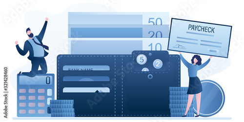 Business people or employees and big wallet with money. Paycheck or Online payment concept.