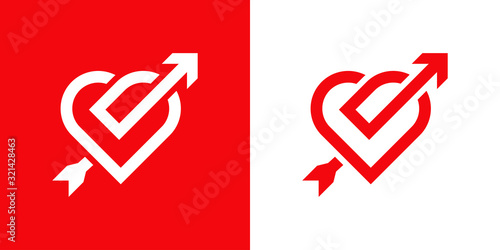 Icono plano lineal con corazón en forma de nudo con flecha en fondo rojo y fondo blanco