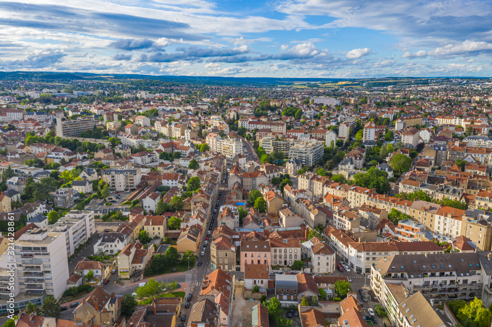 Amazing aerial view of Dijon townscape under summer blue sky