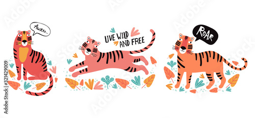 Set funny tigers in tropical leaves. Flat vector illustration. Wild exotic animals. Cute animal cartoon character idea for child printable stuff and t shirt, greeting card, nursery wall art, sticker.