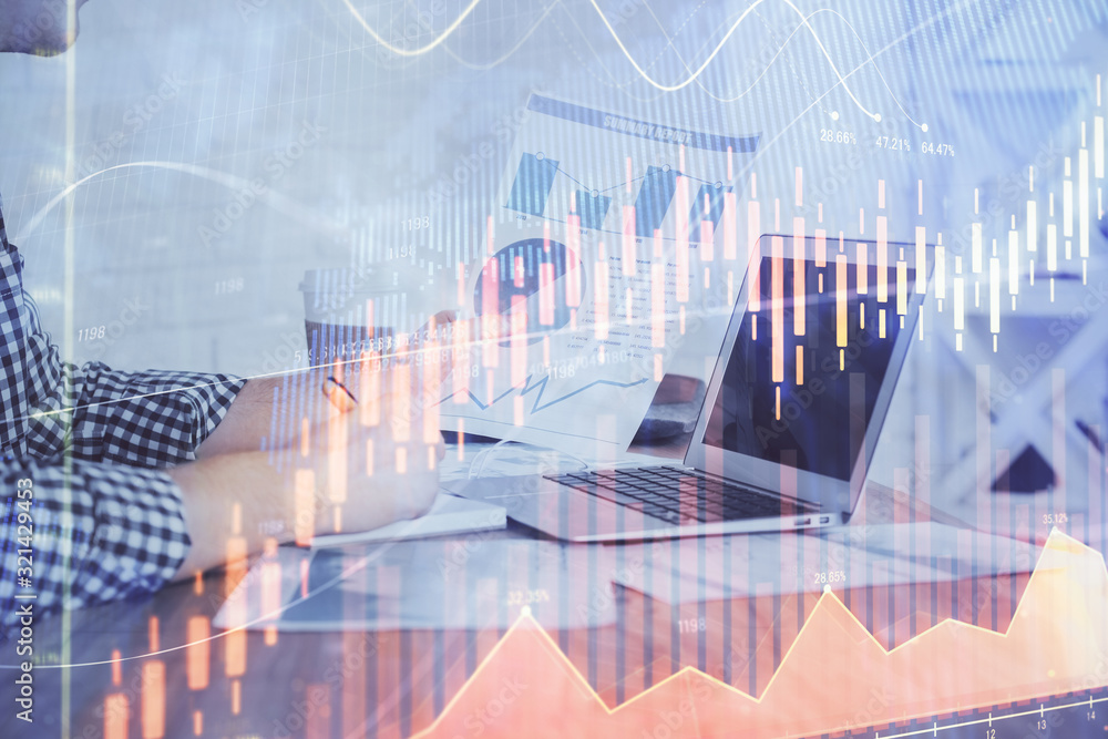Multi exposure of financial graph with man works in office on background. Concept of analysis. Multi exposure of financial graph with man works in office on background. Concept of analysis.