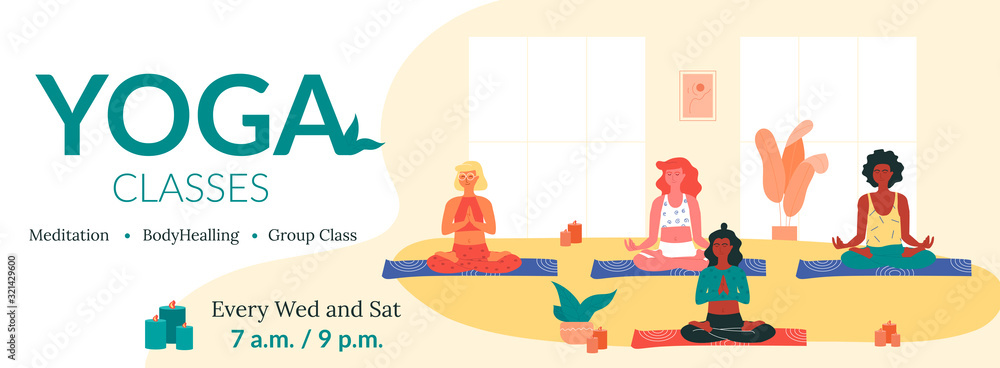 Colorful horizontal banner template. Group of women of different race doing yoga. Yoga, stretching and pilates instructor. Meditation as a way to relieve stress. Physical and mental health.