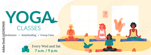 Colorful horizontal banner template. Group of women of different race doing yoga. Yoga, stretching and pilates instructor. Meditation as a way to relieve stress. Physical and mental health.