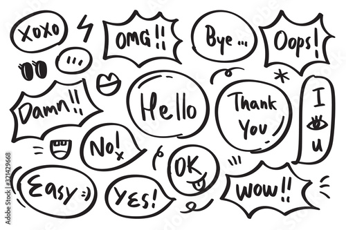 Hand drawn set of speech bubbles with dialog words:yes, hello, no, love you, ok, Vector illustration.