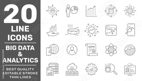 Data analysis, big data, statistics, analytics - minimal thin line web icon set. Editable Stroke. EPS 10