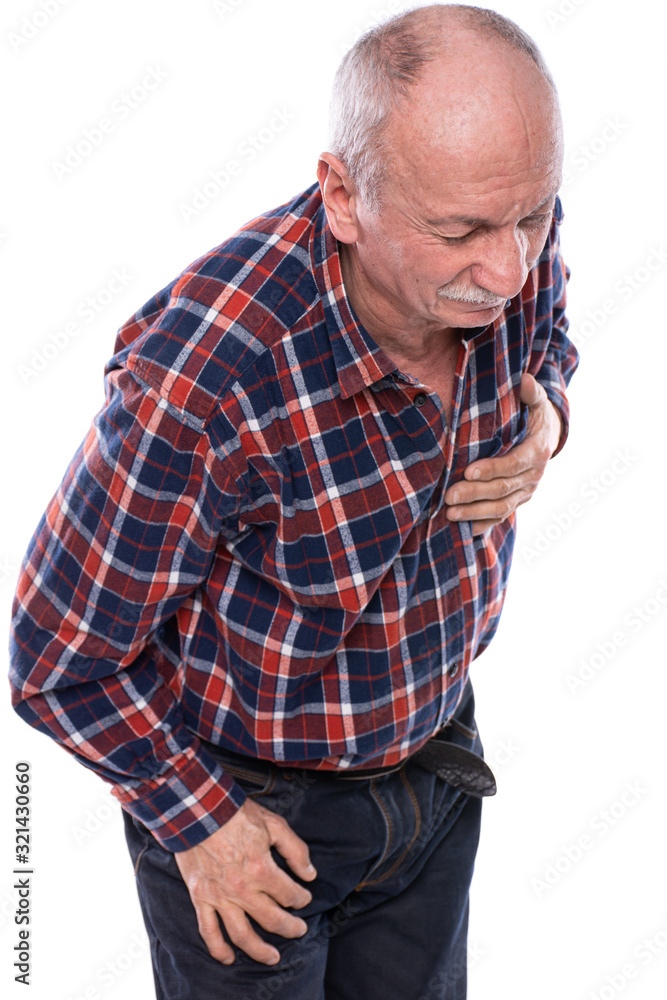 Healthcare, pain, stress and age concept. Elderly man having a heart attack over white background Healthcare, pain, stress and age concept. Elderly man having a heart attack over white background