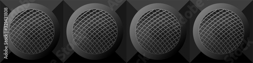 seamless pattern black round music speakers with a grid, volumetric image with mesh for a technological background of website banners sound equipment for bars, cinemas, cars