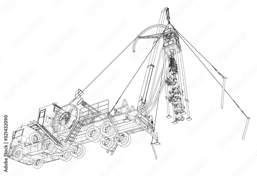 Coiled tubing Truck unit machine. The layers of visible and invisible lines are separated. EPS10 format. Wire-frame.