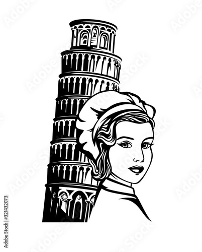 beautiful woman chef wearing retro style hat near leaning tower of pisa - italian cuisine black and white vector design