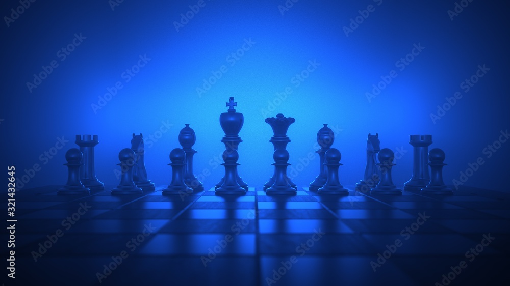 A chessboard on the wooden table. 3d illustration. - obrazy, fototapety, plakaty 