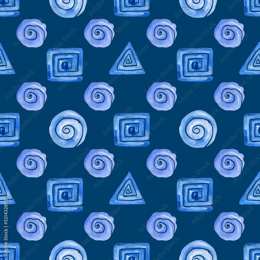 Seamless abstract pattern with geometric shapes for decoration interior, print posters, greeting card, seamless wallpaper, textile pattern. Geometric symbols. Abstract background with blue elements.