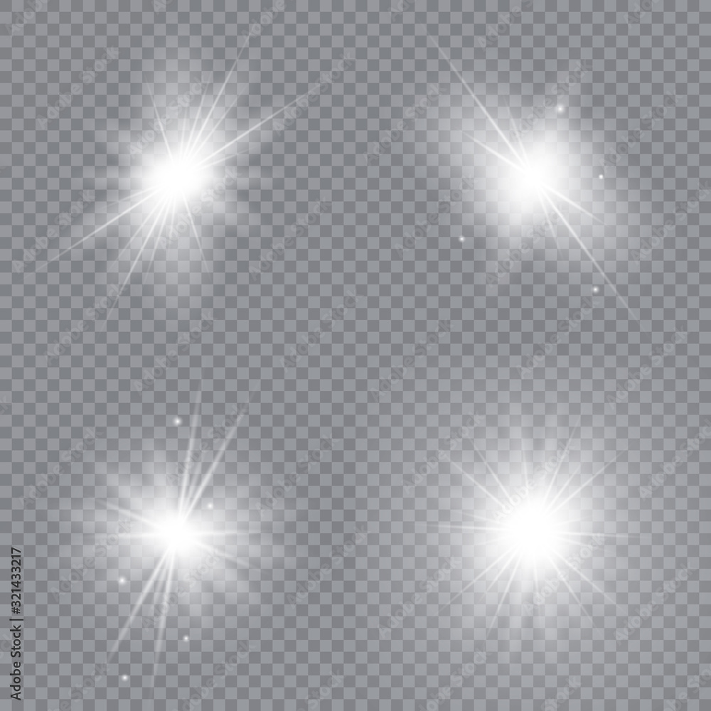 Set of bright stars. Glowing light explodes on a transparent background. Sparkling magical dust particles. Vector illustration.